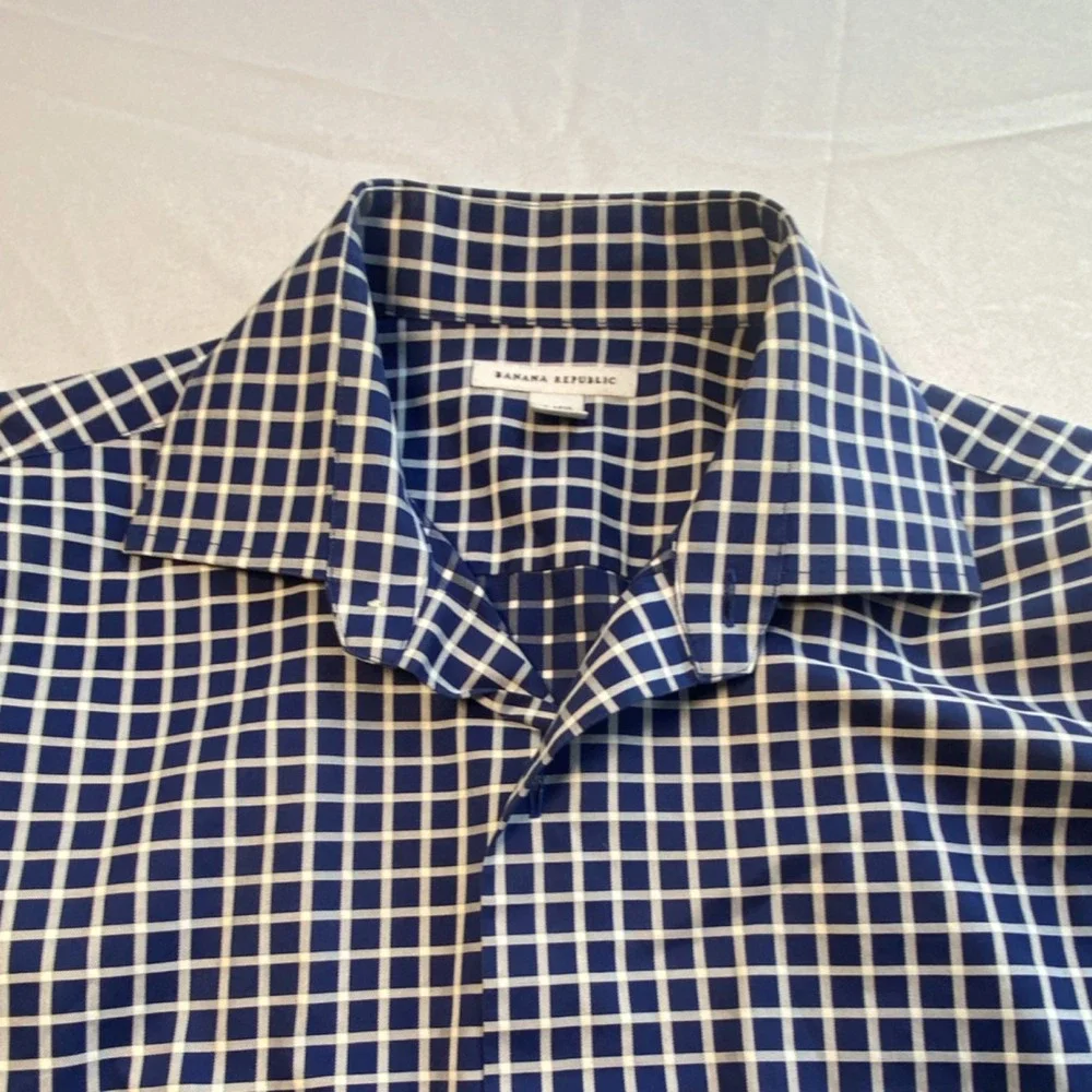 Banana Republic Men's Blue White Check Dress Shirt 100% Cotton Long Sleeve